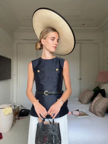 MQTIME  -  Casual Patchwork Pleated Dress Women Office Sashes O-neck Sleeveless Button Dresses Female 2025 Summer Fall Evening Robes Lady